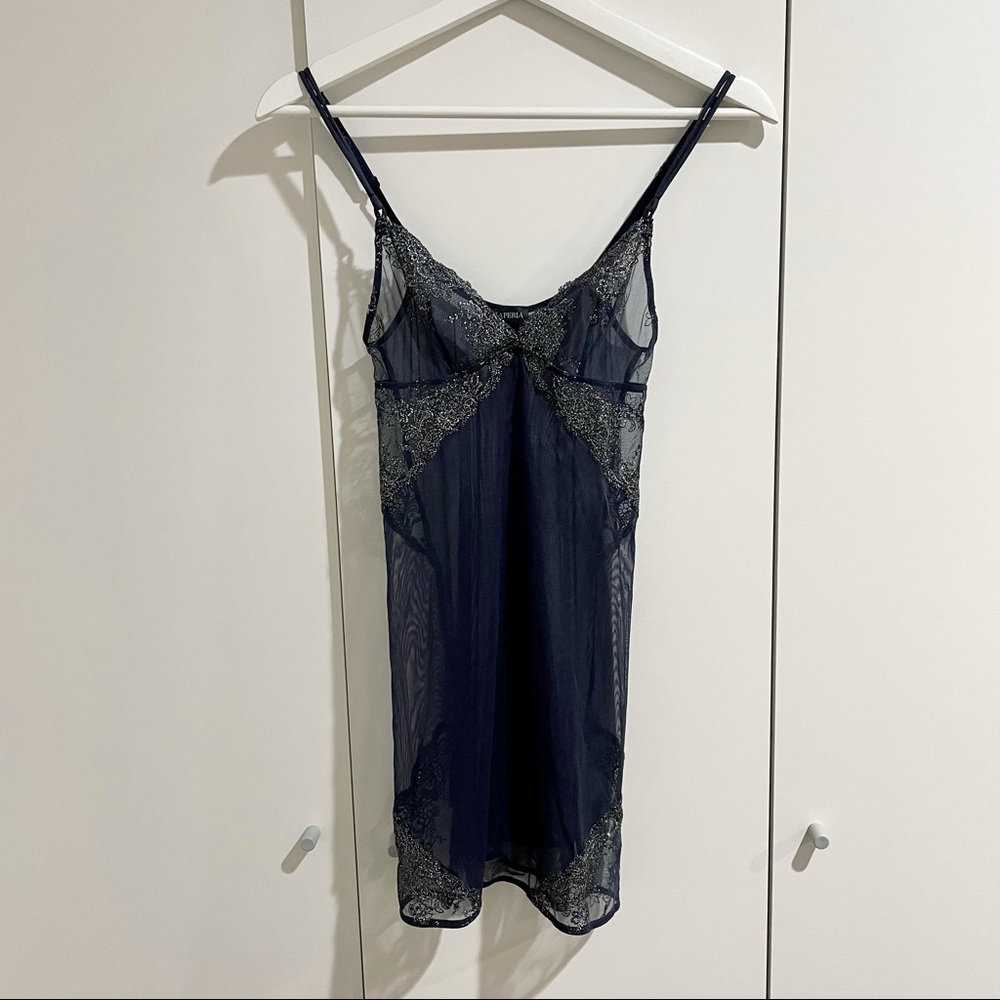 La Perla slip dress in navy embroidered tulle